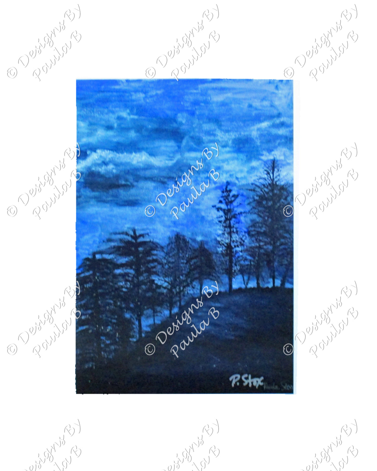 Painting of a forest at night with a blue sky.