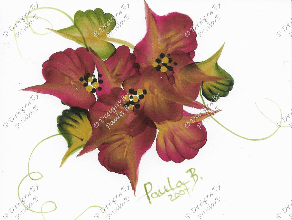 Colorful floral design with pink, yellow, and green flowers on a white background.