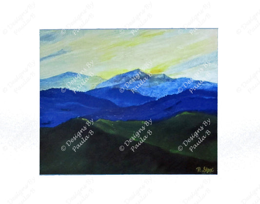Painting of mountains with a blue and green color scheme