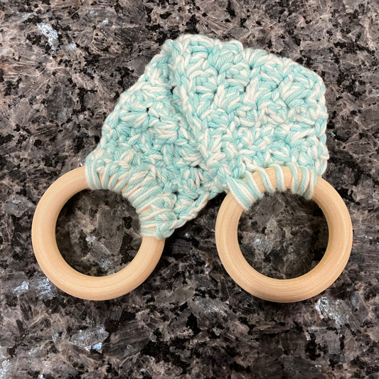 Aqua and White Crocheted Towel Holder with Wooden Rings