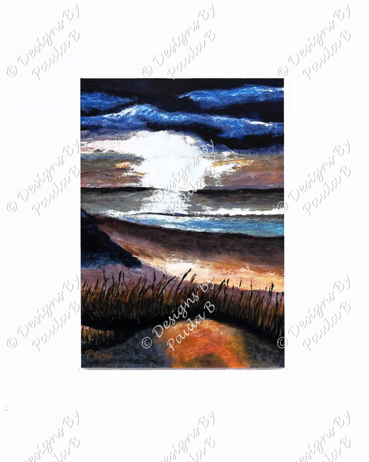 Abstract artwork of a beach scene with waves and sky.