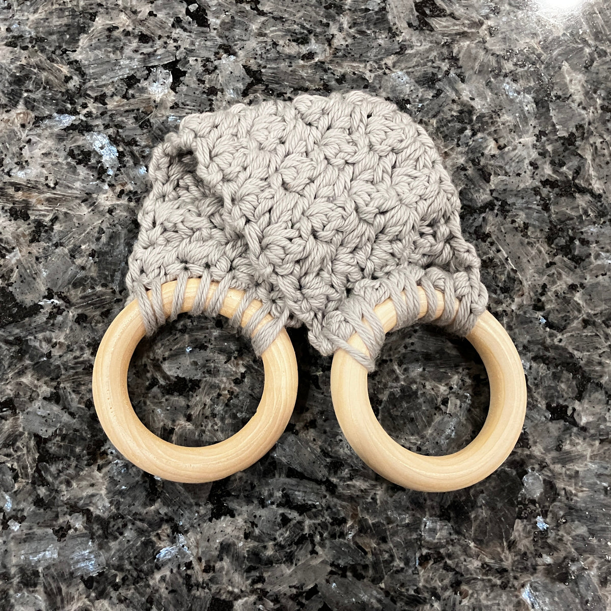 Dove Gray Crocheted Towel Holder with Wooden Rings