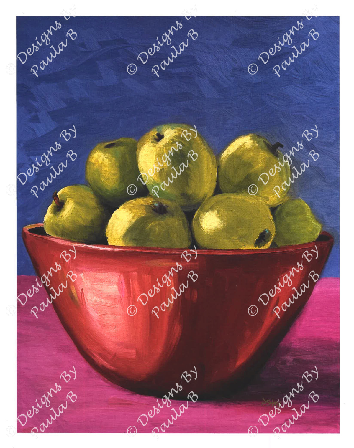 Painting of a red bowl with green apples on a blue and pink background, signed 'Paula B'.