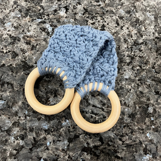 Stone Wash Blue Crocheted Towel Holder with Wooden Rings