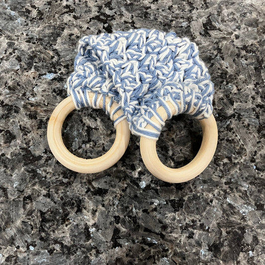 Stone Wash Blue and White Crocheted Towel Holder With Wooden Rings