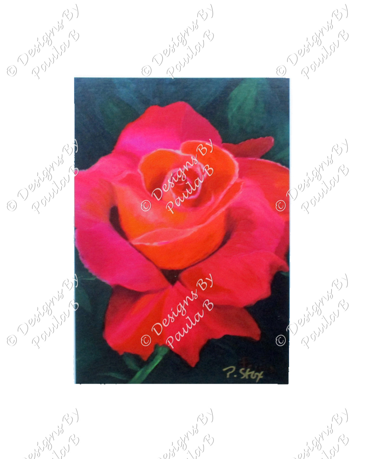 Artistic depiction of a red rose with a signature in the corner.