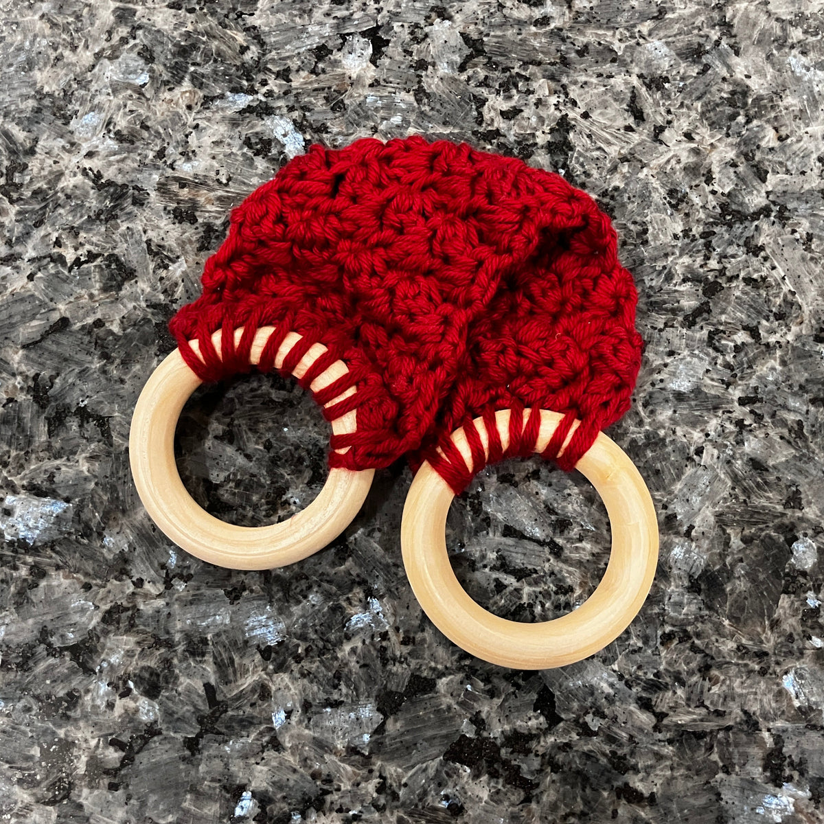 True Red Crocheted towel Holder with Wooden Rings